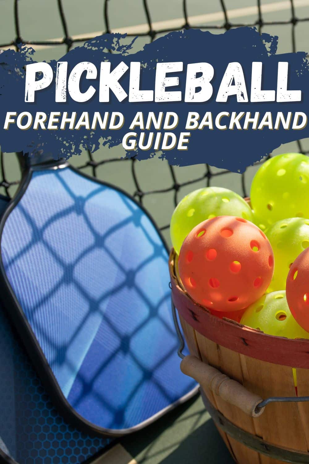 pickleball paddle resting against net with basket of pickleball balls