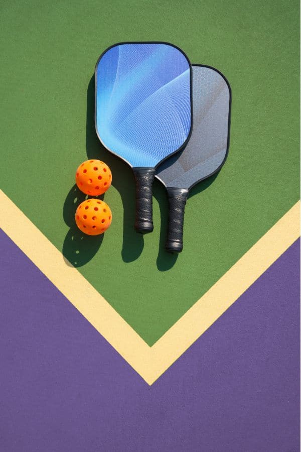 two pickleball paddles with 2 pickleballs laying on a pickleball court