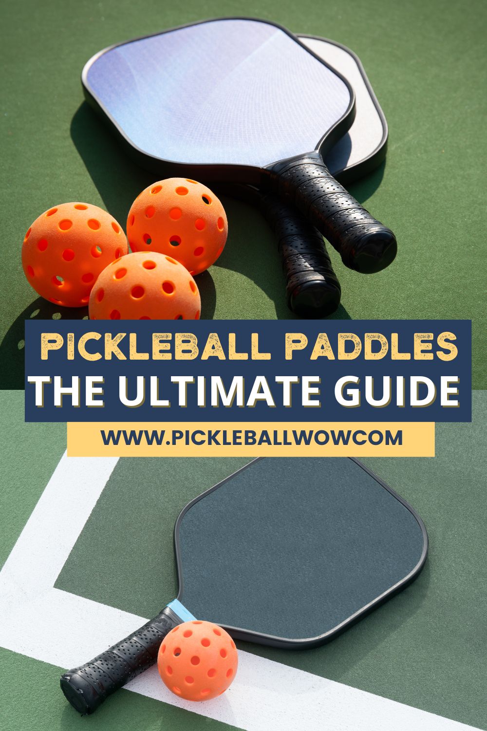 Pickelball paddles and pickleball balls sitting on a pickleball court